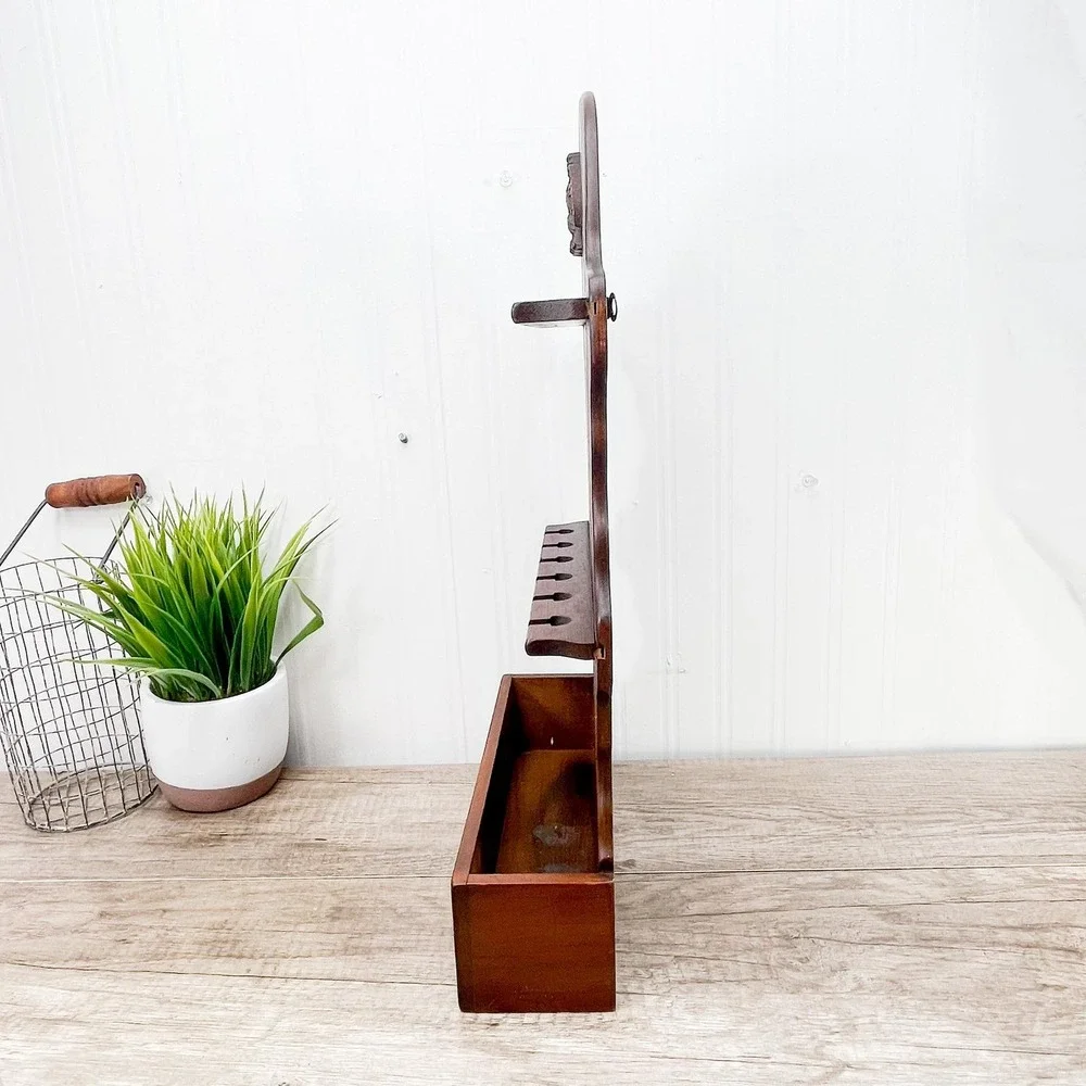 Vintage Wood Spoon Rack - 12 Spoon Display with Pocket Shelf
